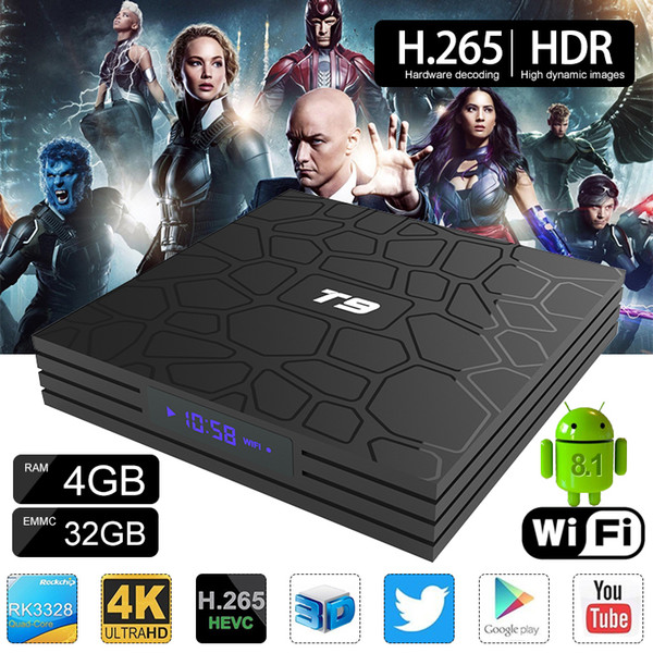 1 Piece!! T9 Android 8.1 RK3328 Quad Core TV Box 4GB 32GB Smart Media Player Support 2.4G Wifi Better MX10 H96 Max Pro Plus