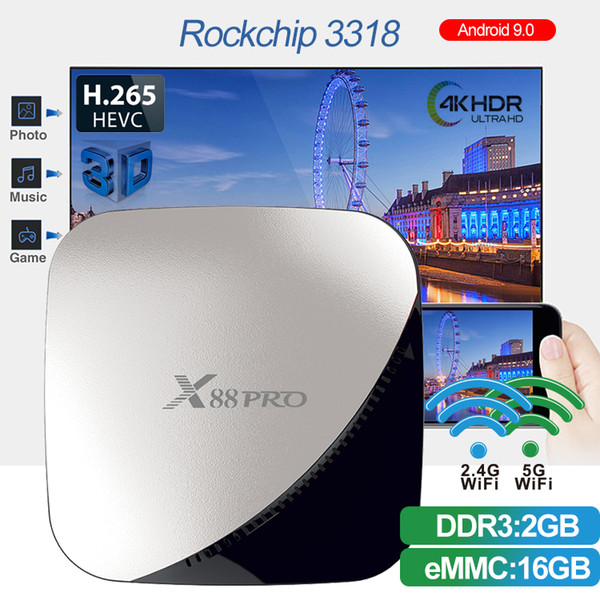 X88 Pro Android 9.0 TV BOX 2GB 16GB Rockchip RK3318 Quad Core 2.4G/5G Dual-band Wifi Youtube 4K Media Player