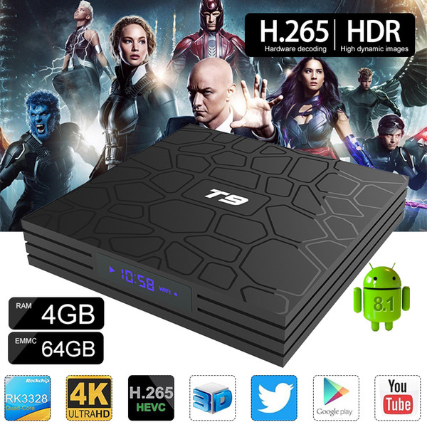 4GB 64GB android tv box Rockchip RK3328 T9 android tv box support dual band 2.4G/5.8G WiFi Bluetooth 4.1 4K ultra smart tv