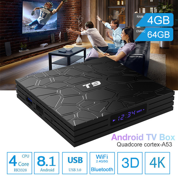 4GB 64GB android tv box 64bit Rockchip RK3328 T9 tv box support dual band 2.4G/5.8G WiFi Bluetooth 4.1 4K ultra smart tv media player