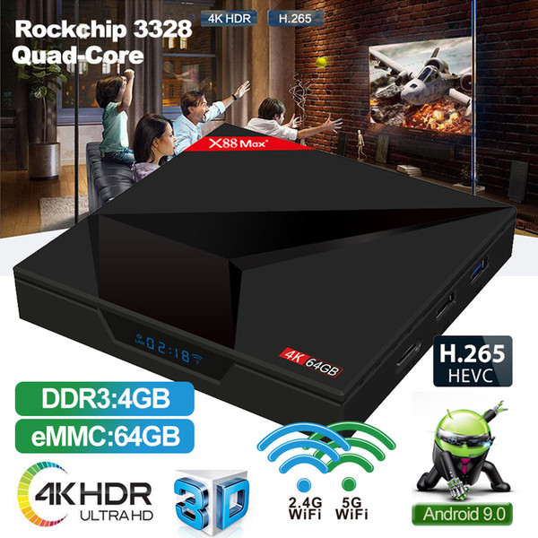 4GB 64GB Android 9.0 TV Box X88 Max Plus Smart TV Box Rockchip RK3328 Quad-Core 64bit 2.4G/5GHz Dual WiFi 4K Google Play Store