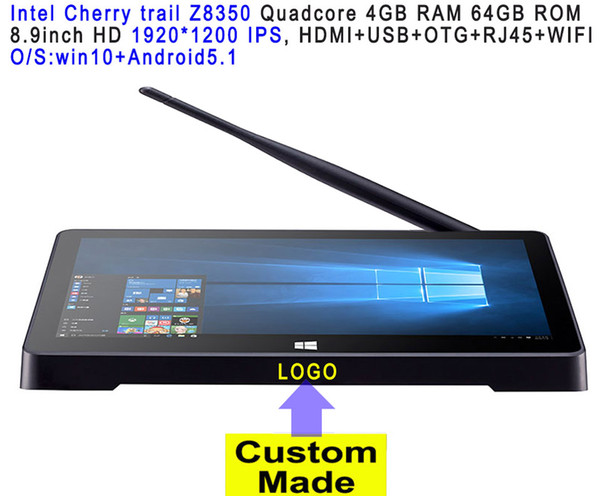 3pcs Custom Made 8.9inch HD screen Touch panel Dual Boot Android5.1Windows10 Intel Z8350 4GB/64GB IPTV streaming TV Box PC Box RJ45 HDMI