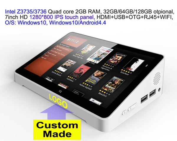 10pcs Custom Made 7inch HD screen Touch panel Dual Boot Android4.4/Windows10 Intel 3735/3736 2GB/32GB IPTV streaming TV Box PC Box USB HDMI