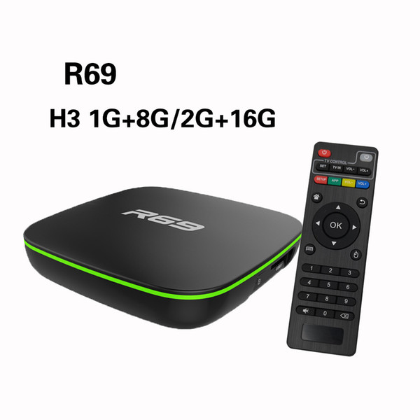 Hot selling Android 7.1 TV BOX R69 allwinner H3 Quad-Core 1GB/8GB built-in WIFI smart box