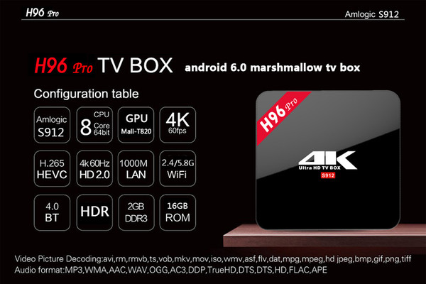 High quality android 7.1TV BOX H96 pro Amlogic S912 Octa-core 2GB/16GB 2.4/5.8GWIFI Bluetooth4.0 Smart media player