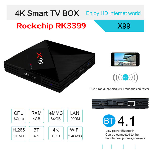 Latest android 7.1 TV box X99 RK3399 Quad-core 4GB/64GB 2.4G/5GWIFI&Bluetooth HDMI&Type C smart media player