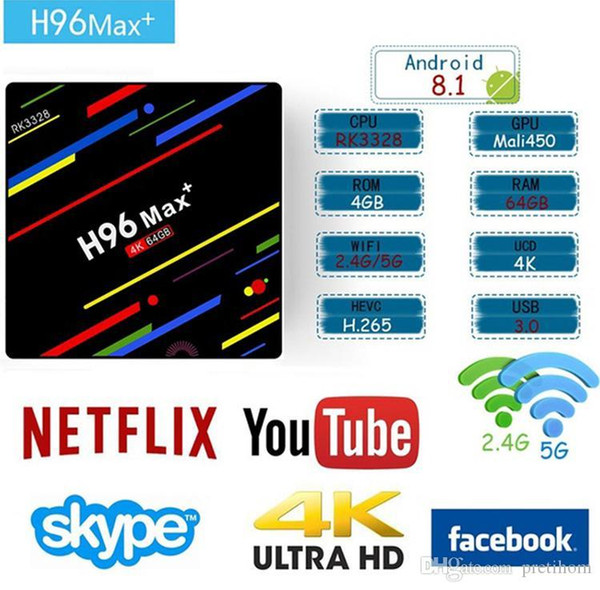 wholesale H96 MAX Android 8.1 TV Box 4GB DDR3+64GB Smart 4K TV Box RK3328 Quad Core CPU Support 2.4G/5G Dual Wifi/100M LAN/BT 4.0/3D /H265