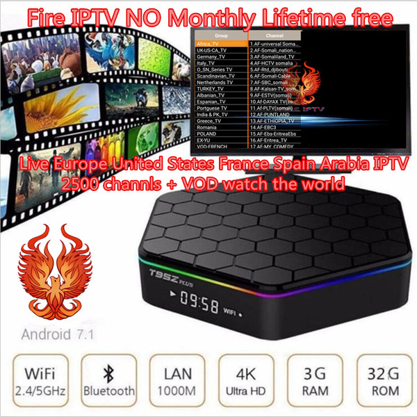 Lifetime firetv IPTV subscription t95z plus Android 7.1 tv box amlogic S912 with 2900 channels +arabic USA UK France sweden IPTV+vod