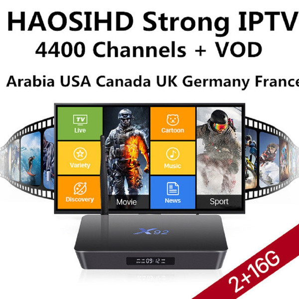 x92 2+16gb smart Android BOX Built-in strong IPTV 4400 channels +Arabic Canada France UK USA Brazil iptv box h.265 4k media player