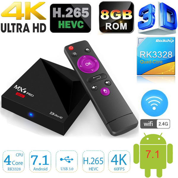 MX9 PRO Mini Android 7.1 Smart TV Box Quad-core rockchip3328 1GB/ 8GB 2.4G WIFI USB 3.0 4K streaming Media Player