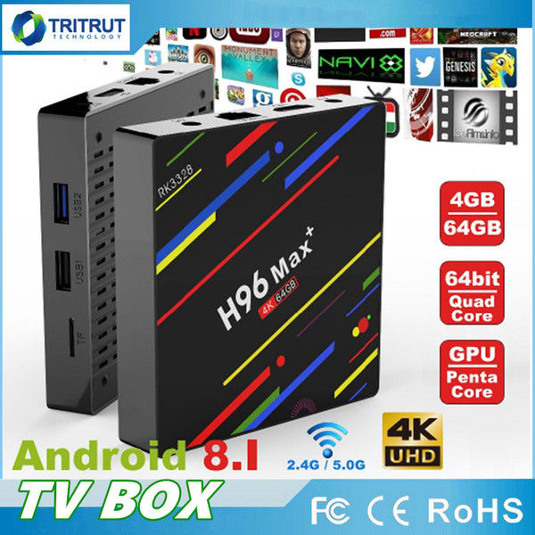 H96 Max+ MaX Plus Smart TV Box RK3328 Quad Core 64bit Mali-450 GPU 4GB RAM 64GB ROM Android 8.1 2.4G/5.0GHz Wifi Set Top Box Family TV MQ05