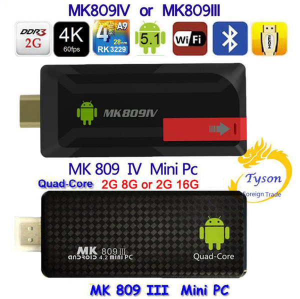 NEWest 4K Upgrade MK809IV or MK809III TV Dongle Stick Android TV Box RK3229 Quad Core CPU 2G 8G 2G 16G Mini PC WiFi Android box 4K