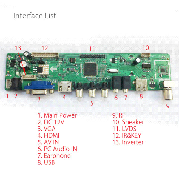 V56 Universal LCD TV Controller Driver Board PC/VGA/HDMI/USB Interface+7key Button+1ch 6-bit 40pins lvds For embedded driver lcd