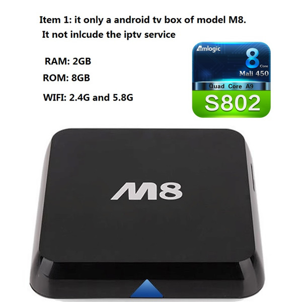 M8 Android TV Box with Amlogic S802 2+8GB optional evdtv iptv Arabic Italy German Greek usa uk france iptv good than IUDTV