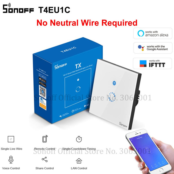 SONOFF T4EU1C Wifi Wall Touch Switch 1 Gang EU No Neutral Wire Required Switches Smart Single Wire Wall Switch Works With Alexa