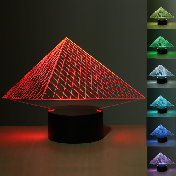 Wholesale-3D Illusion Pyramid 7 Color Change Night Lamp Touch Switch LED Desk Table Light