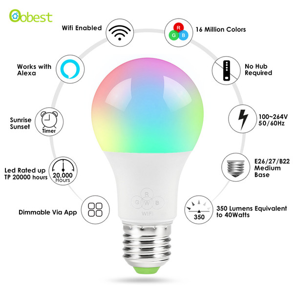 New Hot E27 WiFi Smart Light Bulb,Dimmable,Multicolor,Wake-Up Lights,RGBWW LED Lamp,work with Alexa and Google Assistant