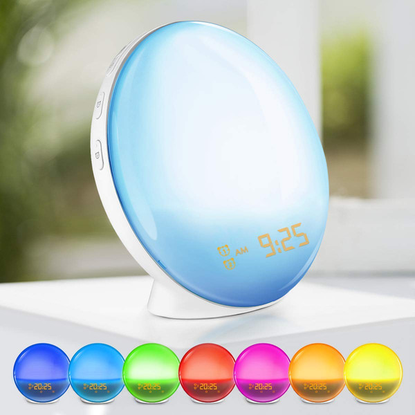 Wake-Up Light Alarm Clock with Colored Sunrise Simulation and FM Radio for Bedroom Support Alexa,Google Home AI Speaker Voice Controller