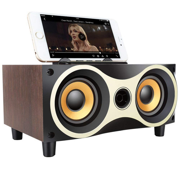 Desktop Portable Wooden Wireless Speaker Subwoofer Stero Bluetooth Speakers Support TF MP3 Player with FM Radio, Phone Holder