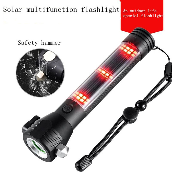 Solar powered flashlight, multi-function USB rechargeable LED flashlight, car emergency attack hammer, compass camping, hiking.