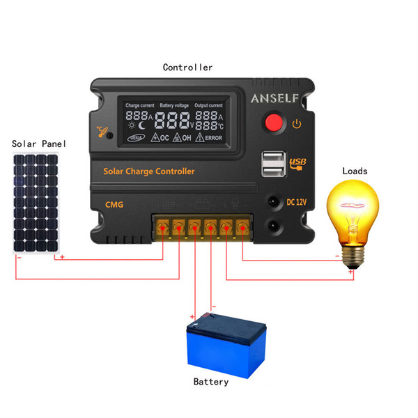 Solar Charger Controller Panel Lamp Battery Regulator USB 20A/12V/24V LCD