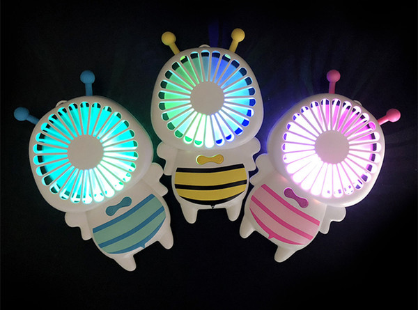 Hot Handy USB charge Fan Mini Bee Handle Charging Electric Fans Thin Handheld Portable Luminous Night Light 3 Colors