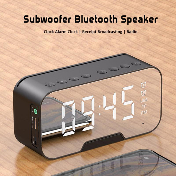 Bluetooth Speaker with FM Radio LED Mirror Alarm Clock Subwoofer Music Player Snooze Desktop Clock Wireless