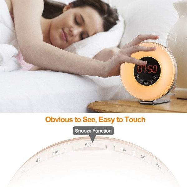 2018-7 colors changing wake up light snooze alarm clock with 6 natural sounds and FM radio