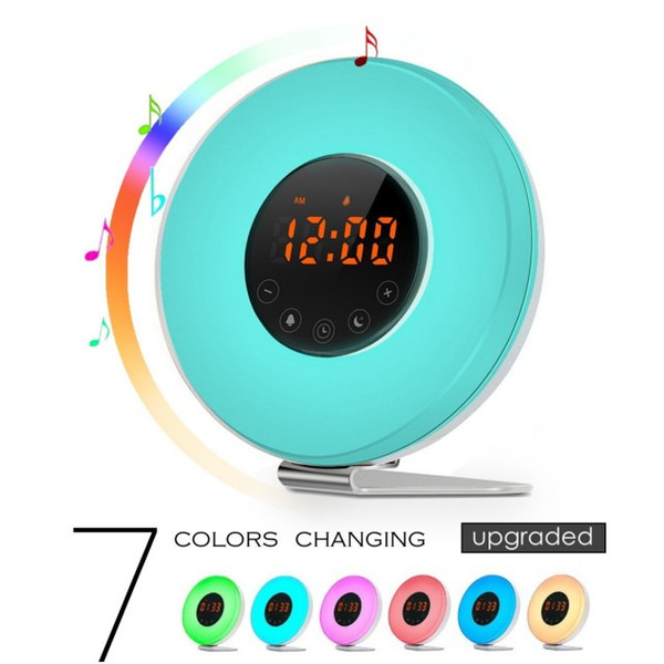 7 colors changing wake up light snooze alarm clock with 6 natural sounds and FM radio