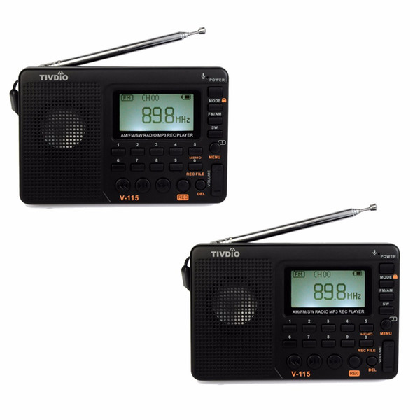 Wholesale-2pcs TIVDIO V-115 FM/AM/SW Radio Multiband Radio Receiver Bass Sound MP3 Player REC Recorder Portable Radio F9205A