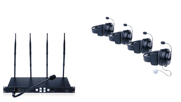 250m transmission 1.8G 1.9G wireless full duplex half duplex selectable walkie talkie/4 channels 1 base 4 headset tally system