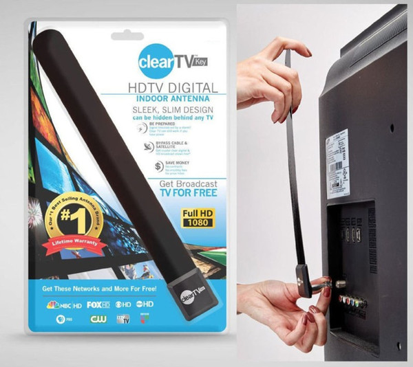 Clear Tv key HDTV digital indoor antenna sleek slim design hidden behind TV Get broadcast tv for free OM-I6