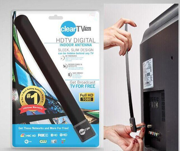 Clear Tv key HDTV digital indoor antenna sleek slim design hidden behind TV Get broadcast tv for free