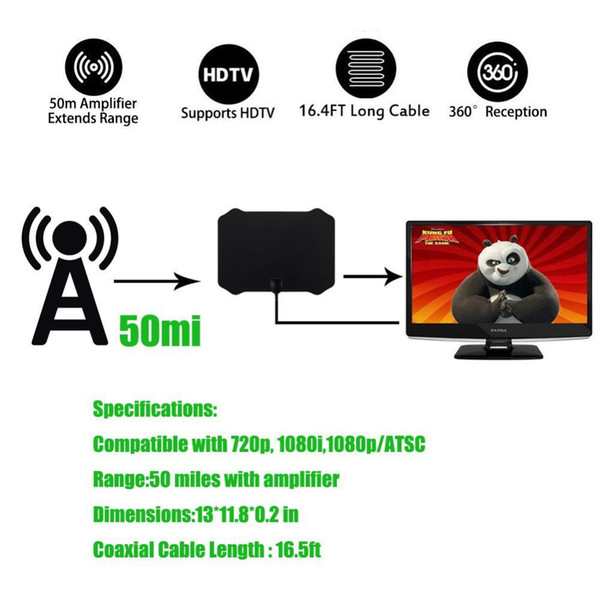 Indoor TV Antenna black 80 Miles with Signal Amplifier Booster Digital HDTV Antenna TV radius Aerial VHF UHF Antennas