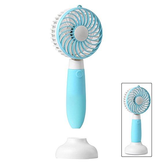 Mini Fan, Personal Handheld Fan Battery Operated Portable Rechargeable USB with Base 3 Speeds for Home Office Outdoors Travel=