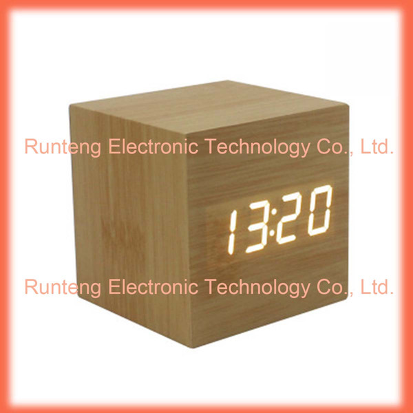 Digital Alarm Clock Wooden LED Light Multifunctional Modern Cube Displays Date Temperature for Home Office Travel-yellow suit for kid