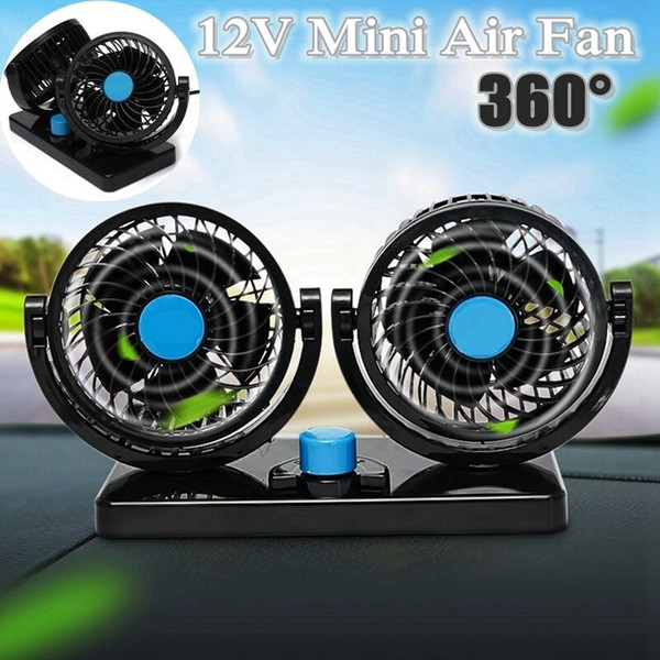 Car Mini Electric Fan 2 Head Double 360 Degree Rotating Low Noise Summer Conditioner Portable Adjustable Car Fan Air Cooling 12V Black