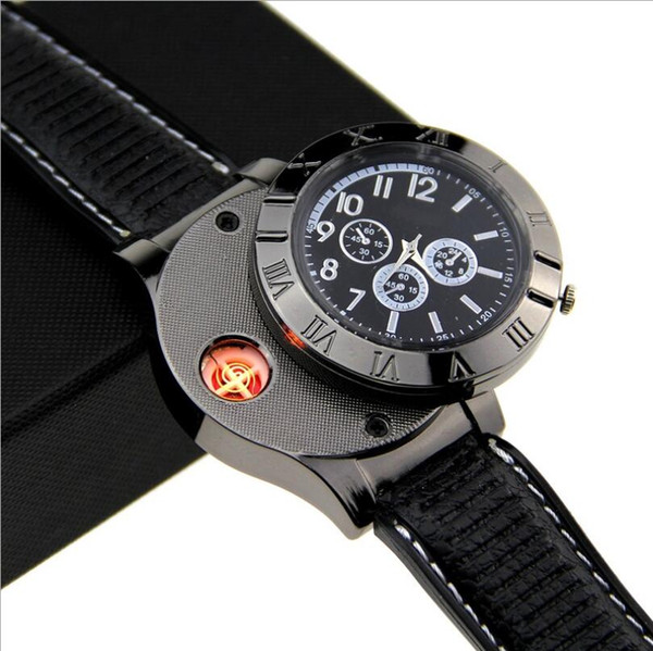 Military USB Charging Sports Lighter Watch Men's Casual Quartz Wristwatches with Windproof Flameless Cigarette Lighter