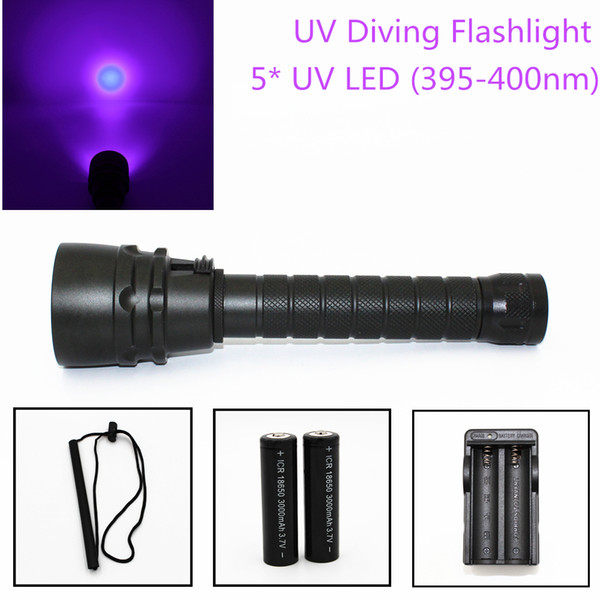 5000LM 5 x UV LED Purple Light Underwater 100M Flashlight 25W Ultraviolet Lantern Aluminum Torch for Scorpion UV Flashlight