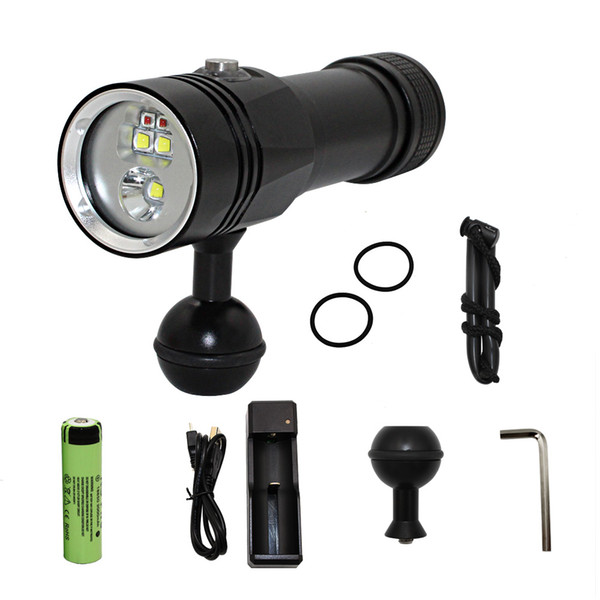 Underwater Photography Video Light Diving Flashlight 5 LED 3x XM- L2 White+ 2x XPE Red Waterproof torch Lamp+ 26650 +Charger