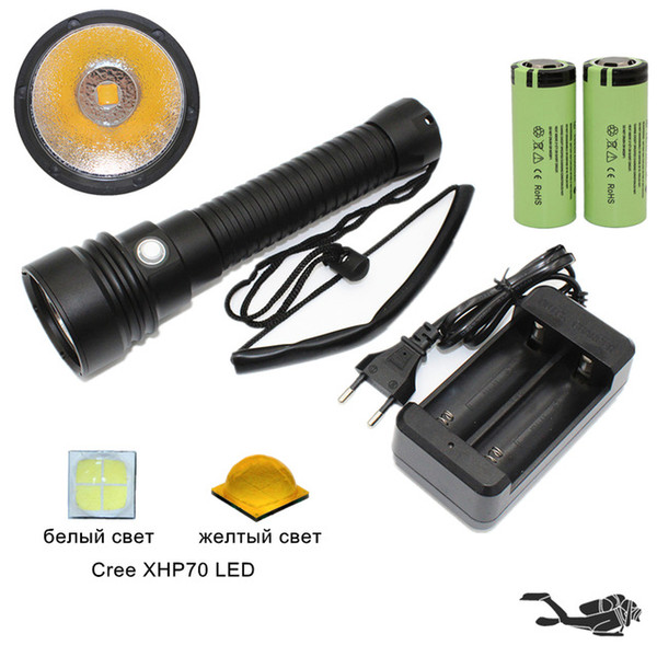 5000LM XHP70 LED Diving Flashlight Underwater 100M Waterproof Lanterna Torch White/Yellow Light Scuba Torch 26650 Battery Charger