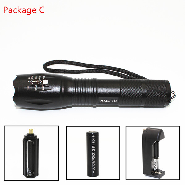 LED XML T6 Flashlight 1000 Lumens Torch 5 Modes Light Zoomable Tactical Flashlight Lamp + 18650 Battery + AC Charger