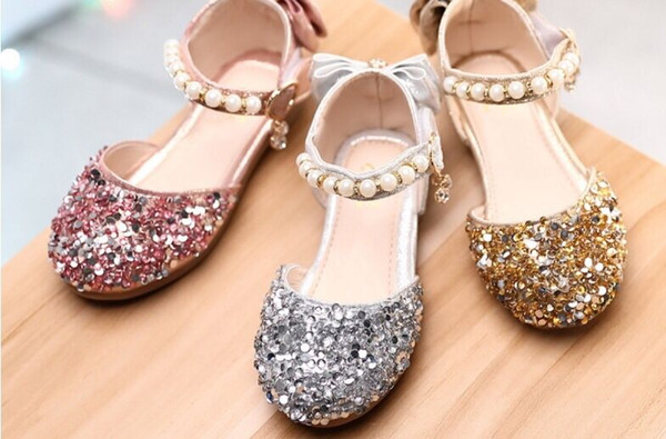 2019 New girl's stylish sequined princess shoes bow sequin priness sandals cuhk crystal leather shoes for girls