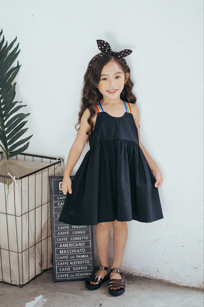 2017 New Arrival Children Clothing Girls Rainbow Strap Simply Black Cotton Dress Lovely Casual Kids Summer Dress