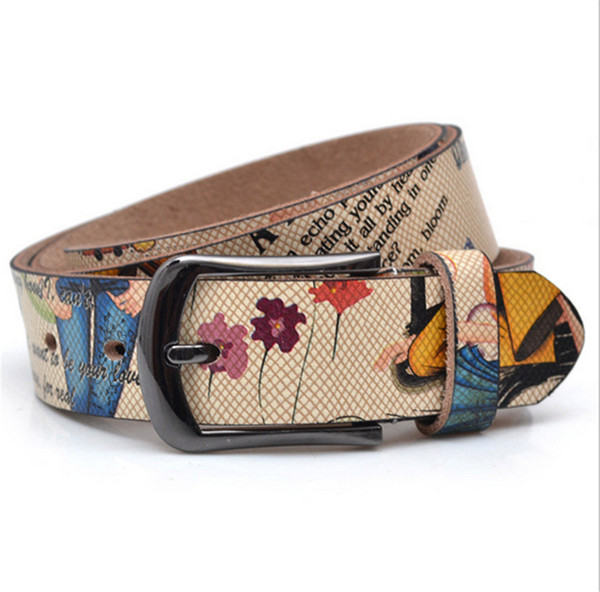 2017 New Famous Brand Women 100% cowhide Leather Belt Black Buckle Women Cartoon printing Designer Belts for women