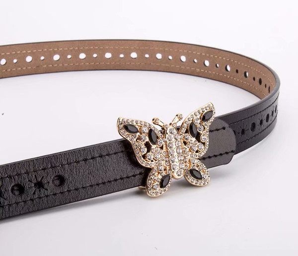 Fashionable women thin design 2.4cm belt the latest design crystal diamond butterfly belt buckle luxury brand dress girdle belt