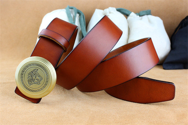 Round copper button men's leather belt ladies' top layer leather smooth buckle casual fashion belt.