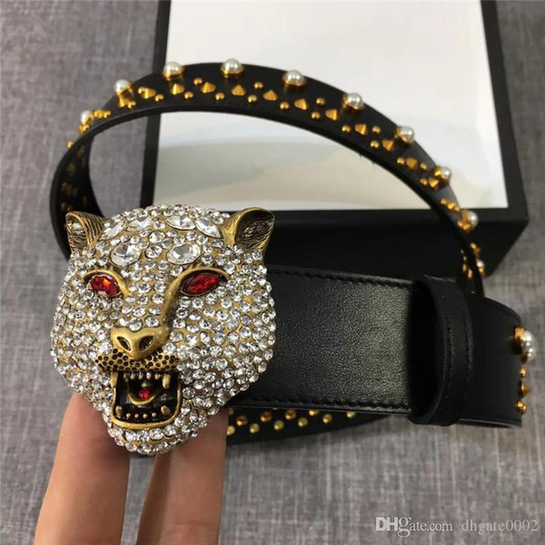 2018 high quality designer belts Studded belt with crystal feline head Buckle Leather Belts Luxury Belt for Mens/Womens with box