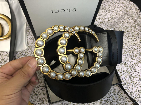 size 7.0 with boxs 2018 AAA women Men's Belt Women's High Quality Leather Black Leather Belt Men's Luxury Belt Pearl LOGO Fre