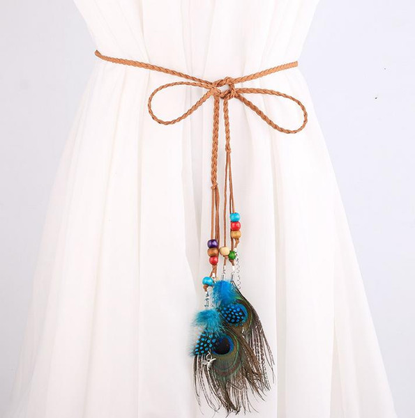 Folk style woven belt female fine peacock feathers fringed dress all-match decorative belt rope chain extension